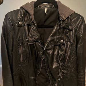 Black hooded Free People leather jacket
